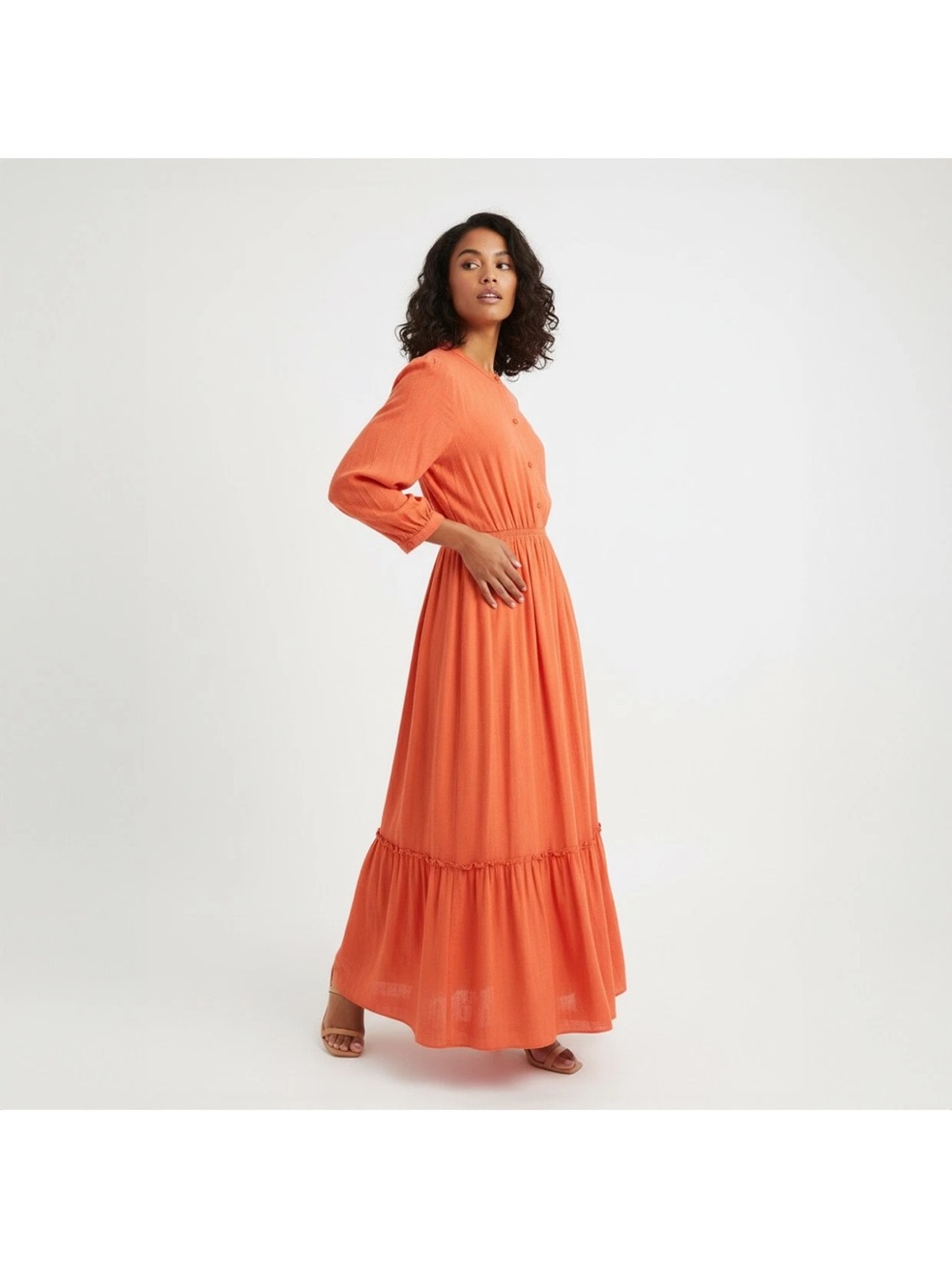 Women's Orange Long Sleeve Tiered Maxi Dress
